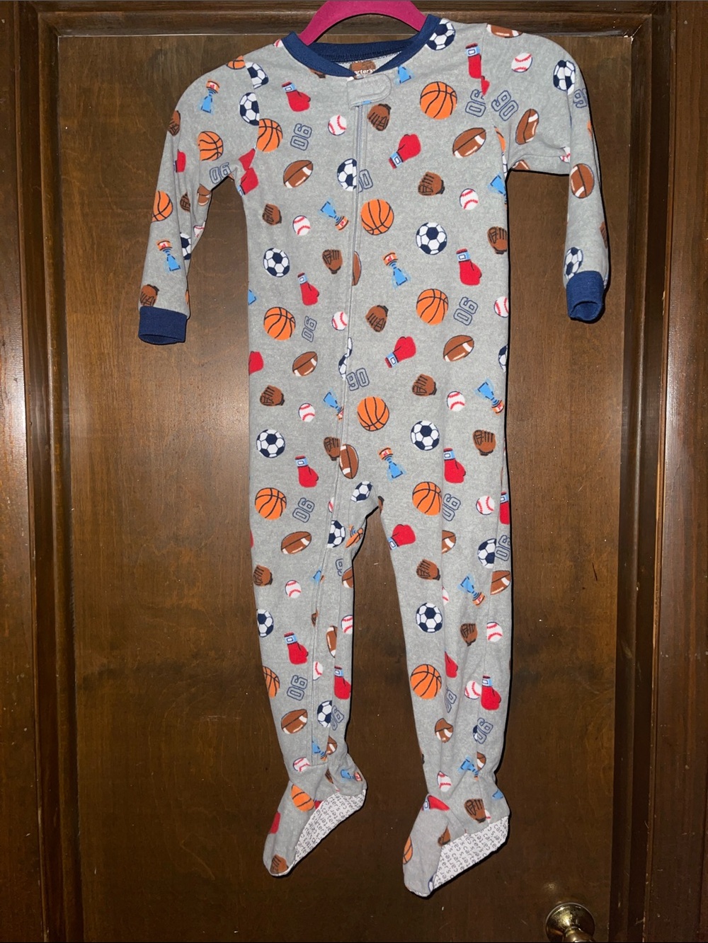 Carter's Gray Sports Print Footed One-Piece Pajamas with Navy Trim